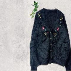 2380 カーディガン　シャギー　花柄　刺繍　ボレロ　フェイクパール　黒　ガウン