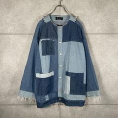 デニムシャツ　パッチワーク　ツギハギ　90s　切りっぱなし　デカポケ　当時物　青