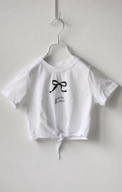 【綿100%】 韓国子供服　前結び ワンポイトリボン半袖Tシャツ　サイズ90