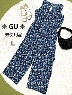 【GU】ジーユー　オールインワンノースリーブ総花柄サロペット　未使用　Ｌ　ブルー