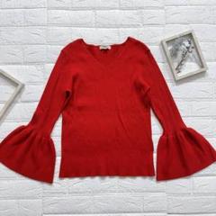 NATURAL BEAUTY BASIC 赤 Vネック ニット M ベルスリーブ