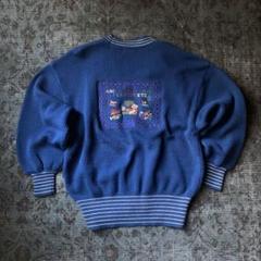希少 90s デザイン カーディガン ニット 刺繍 レトロ 青 モード 古着