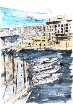原画#3880 猫 船 マルタ共和国 水彩画 ドローイング 風景画 絵画