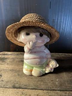 昭和レトロ　陶器製貯金箱　麦わら帽子の女の子　貯金箱