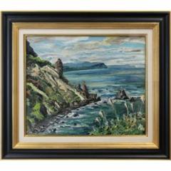 水野秀則作　 【熱海風景】 風景画 油彩画 黒フレーム 水野秀則作 【熱海風景】 風景画 油彩画 黒フレーム