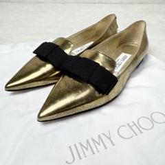 【新品】ジミーチュウ　GALA フラットシューズ　リボン　ゴールド　ポインテッド