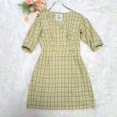 ジュエティ　半袖カシュクールミニ丈ワンピース　チュニック　黄緑系チェック　M