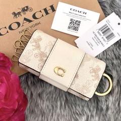 未使用 COACH コーチ キーケース 鍵入れ レザー 革 ホワイト ブラウン コーチ COACH キーケース レディース （ホワイト