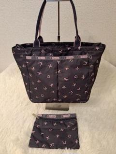 LeSportsac トートバッグ　グレー+ピンクハートリボン　 ポーチ付き