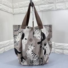 トートバッグ　タック入り(ねこ　ドット　グレージュ)