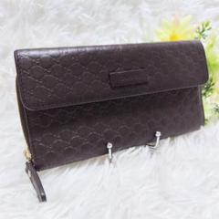 【美品】GUCCI レザー 長財布 GG総柄 シマ プレート ゴールド金具 焦茶 美品✨グッチ◇大容量ラウンドファスナー長財布 マイクロシマ