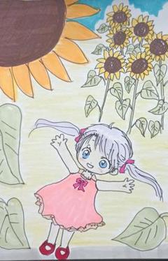 ひまわりと女の子のイラスト