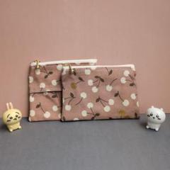 ハンドメイド ポケットティッシュポーチ・フラットポーチセット（ピンクさくらんぼ）
