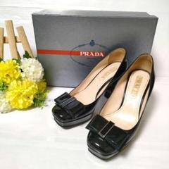 美品 プラダ PRADA エナメル パンプス リボン 太ヒール ビブラムソール