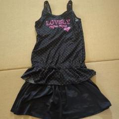 ☆美品☆女の子水着 セパレート ワンピース風チュニック丈 スカート 黒 水玉