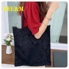 新品　花柄レース　トートバック　ポーチつき　夏バック　刺繍バック　黒