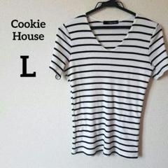 Cookie House ストライプ Vネック 半袖Tシャツ　Lサイズ