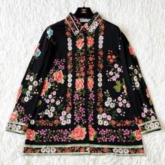 【美品】LEONARD 花柄 総柄 トリム シルク 長袖シャツ ブラウス 42 美品】LEONARD 花柄 総柄 トリム シルク 長袖シャツ ブラウス 42