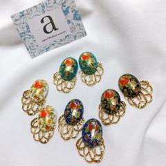 2297-1ターコイズ☺︎アンティークな花柄オーバルピアス×ゴールドフラワー☺︎