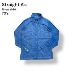 "’70s"Straight A’sストア系ヴィンテージリネンシャツ空色短丈