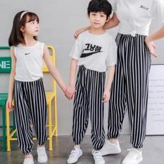 キッズ　パンツ　ストライプ　ロングパンツ　女の子　男の　ボトムス　130　黒　白