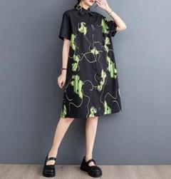 大きいサイズ レディース ワンピース　シャツ　グリーン　春夏 秋 新品 半袖