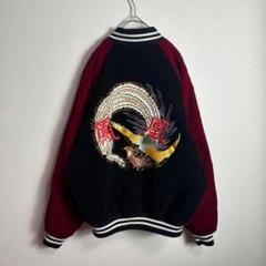 【希少】スカジャン　ベロア　別珍　袖刺繍　鳳凰　バイカラー　ブラック　レッド　L