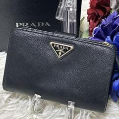 現行 PRADA プラダ 三角プレート ロゴ サフィアーノレザー 黒 折財布
