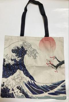 波と赤い太陽の浮世絵風布製トートバッグ