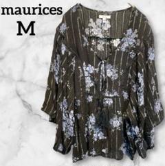 美品✨maurices 【M】花柄ストライプ五分袖チュニック フェミニン 黒