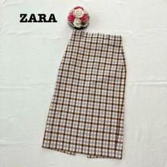 ZARA ザラ　レディース　ロングスカート　タイト　チェック　XS ブラウン　紫