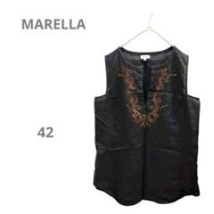 【マレーラ MARELLA】リネン ノースリーブ刺繍ブラウス 42 XL 黒