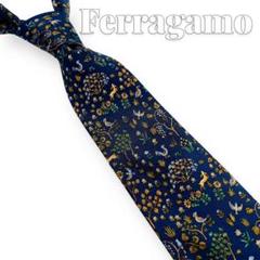 美品 Ferragamo アニマルモチーフ 総柄 ネイビー ネクタイ 6989