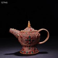 中国古美術・旧蔵收・純手作り・花糸古銅彫塗金宝石嵌酒壺・文房置物・純銅製・酒具 中国古美術・旧蔵・純手作り花糸・古銅彫・塗金宝石嵌酒壺・文房