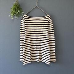 無印良品［M］ナチュラルオーガニックコットン　ボーダー柄ボートネック長袖Tシャツ