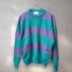 90s LONDON FOG USA製 ニット 紫緑 L 太ボーダー