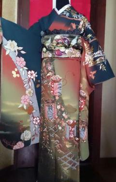 370【ダークグリーン】【ニュアンスカラー】正絹振り袖フルセット成人式結婚式