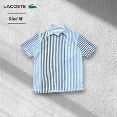 LACOSTEラコステストライプ切替半袖シャツ刺繍ロゴオープンカラーワイシャツM