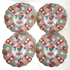 未使用品 有田焼 陶扇 銘々皿 4枚 中皿 菊割皿 錦絵 赤絵 金彩