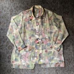 希少 総柄シャツ シアー ドッキング レトロ パステル 珍品 デザイン 古着