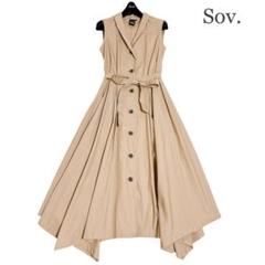 【美品】ソブ　シャツワンピース　ロング　ベルト　リボン　ノースリーブ　ベージュ 美品】ソブ シャツワンピース ロング ベルト リボン