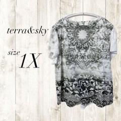 terra&sky 花柄 Tシャツ 1X 半袖 レディース ホワイト グリーン