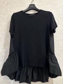 イナバ ヨーコチャン　ヘムギャザー カットソー バックフリル　ブラック　ペプラム ラッフルトリムコットンブラウス – YOKO CHAN