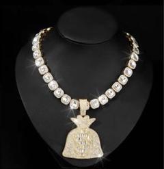 Iced Out テニスチェーン × ドル袋トップ ネックレス（ゴールド）