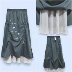 【ScoLar】蝶柄プリント メッシュ切替 ドロストスカート タグ付未使用