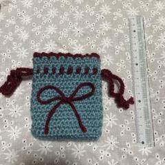 ハンドメイド　水色と赤のリボン付き巾着袋