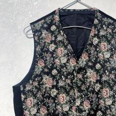 デザインベスト　花柄　レトロ　アート　ゴブラン　コーデュロイ　ブラック　総柄