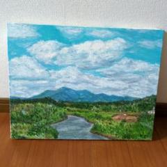 自作油彩画　 新緑の風景 F6 2024年作(初夏の粟ケ岳と刈谷田川)