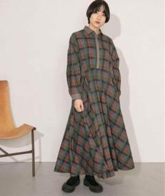 ケービーエフ　チェックワイドワンピース　ロング　ブラウン　長袖　F