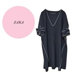 【ザラ】ZARA♡ロングVネックワンピース【L】袖リボン♡ネイビー白ライン♡春夏
